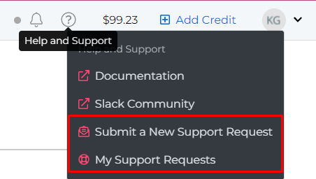 A screenshot of the SignalWire dashboard. A question mark icon labeled 'Help and Support' has been clicked, revealing options for Documentation, Slack Community, Submit a New Support Request, and My Support Requests. The latter two options are circled in red.