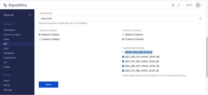 A screenshot of the settings for a given SIP endpoint in the SIP tab of a SignalWire Space. Encryption has been set to 'Required'. The endpoint has been set to use default codecs and custom ciphers. All options under Supported Ciphers are checked except for AEAD_AES_256_GCM_8.