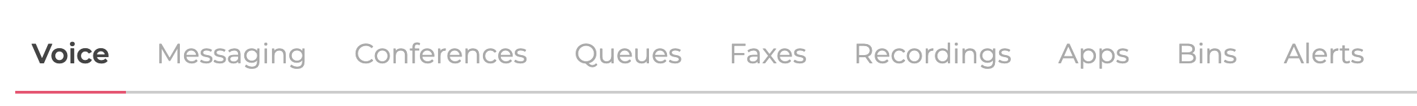 A screenshot of the tabs available in the LaML section. They are: Voice, Messaging, Conferences, Queues, Faxes, Recordings, Apps, Bins, and Alerts.