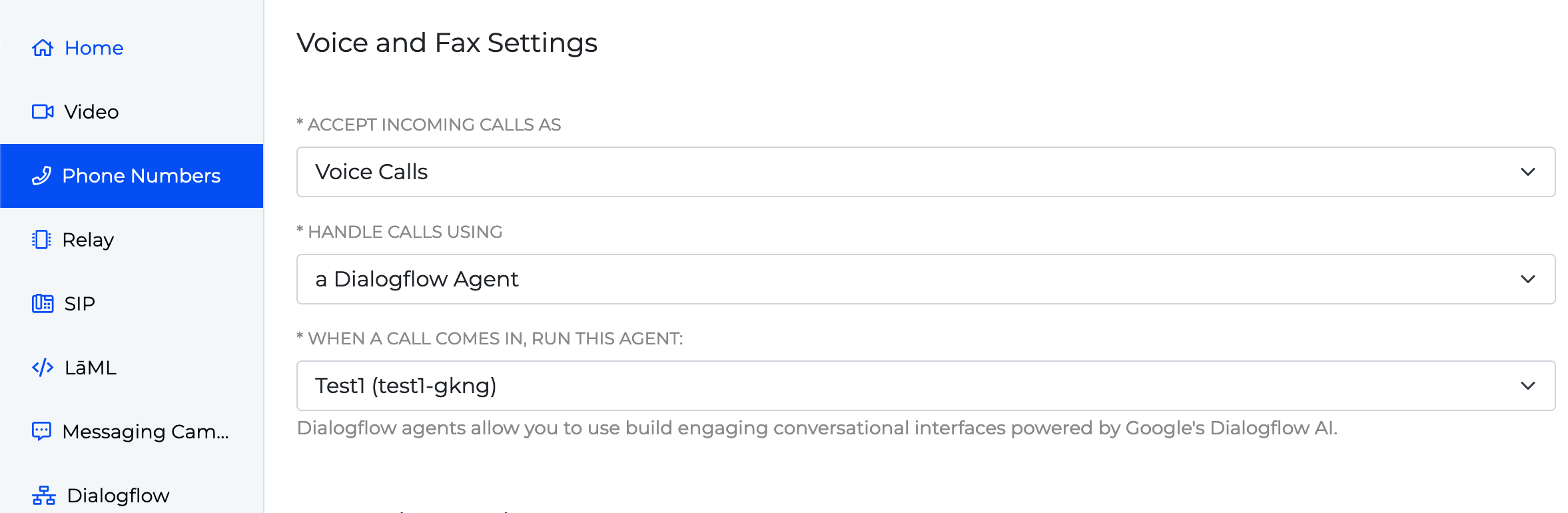 A screenshot of the Phone Numbers page of a SignalWire Space. In the Edit Settings page of a given phone number, 'Handle Calls Using' has been set to 'a Dialogflow Agent.'