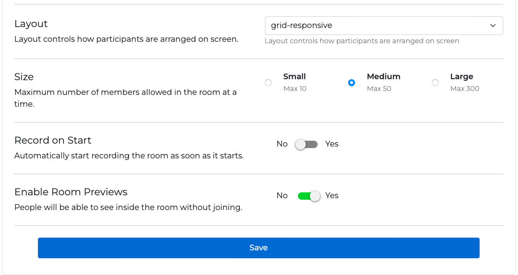 A screenshot of the settings pane of the programmable video communication tool showing options for Layout, Size, Record on Start, and Enable Room Previews.