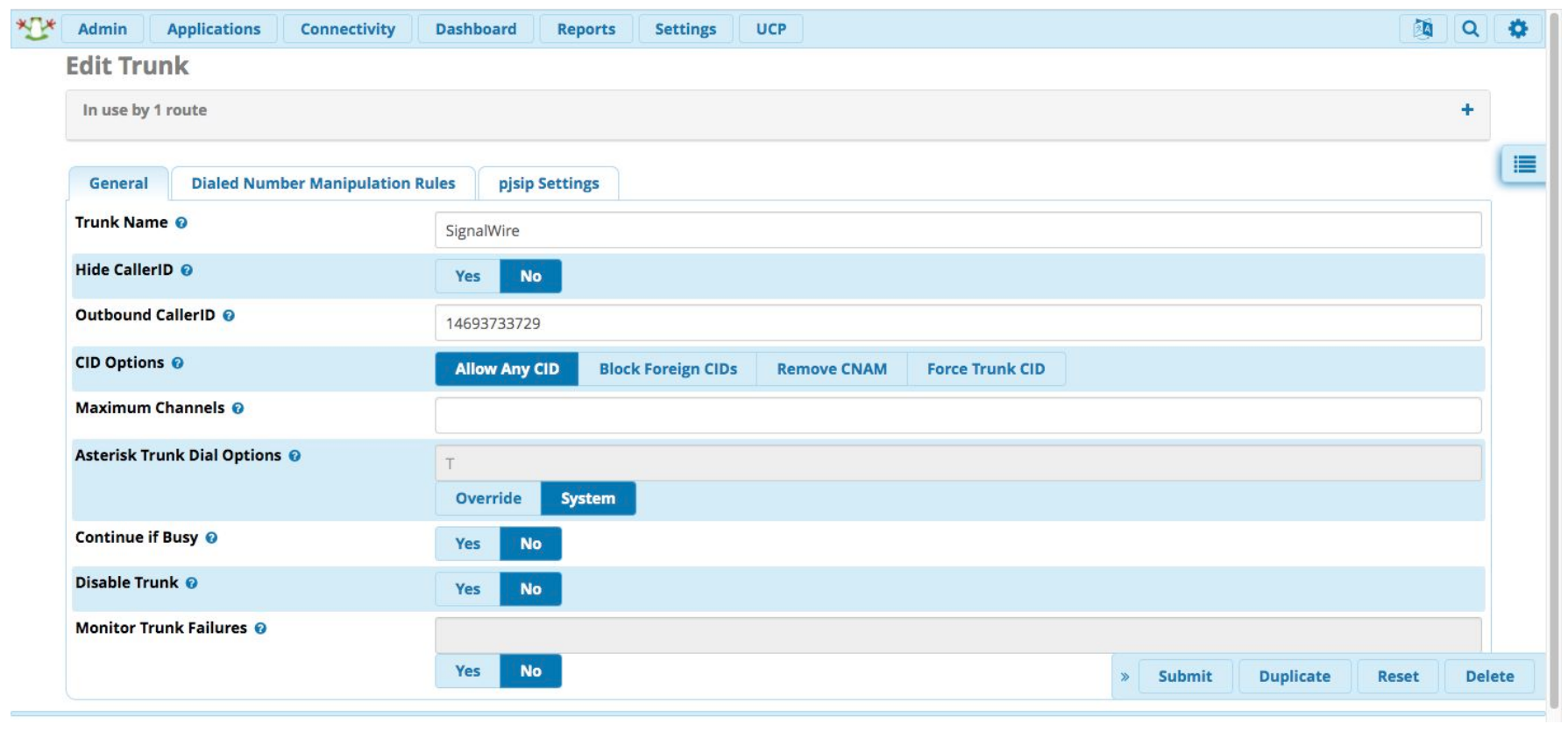 A screenshot of the General tab of an Edit Trunk page in the Asterisk interface. Hide CallerID is set to No. Outbound CallerID is set to the purchased DID, in this case 14693733729. CID options is set to Allow Any CID. Maximum Channels is blank. Asterisk Trunk Dial Options is set to System. Continue if Busy, Disable Trunk, and Monitor Trunk Failures are all set to No.