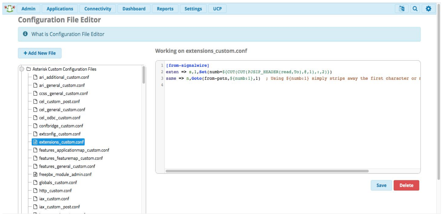 A screenshot of the Configuration File Editor. The file 'extensions_custom.conf' is selected, and the provided code has been entered in the conf file.