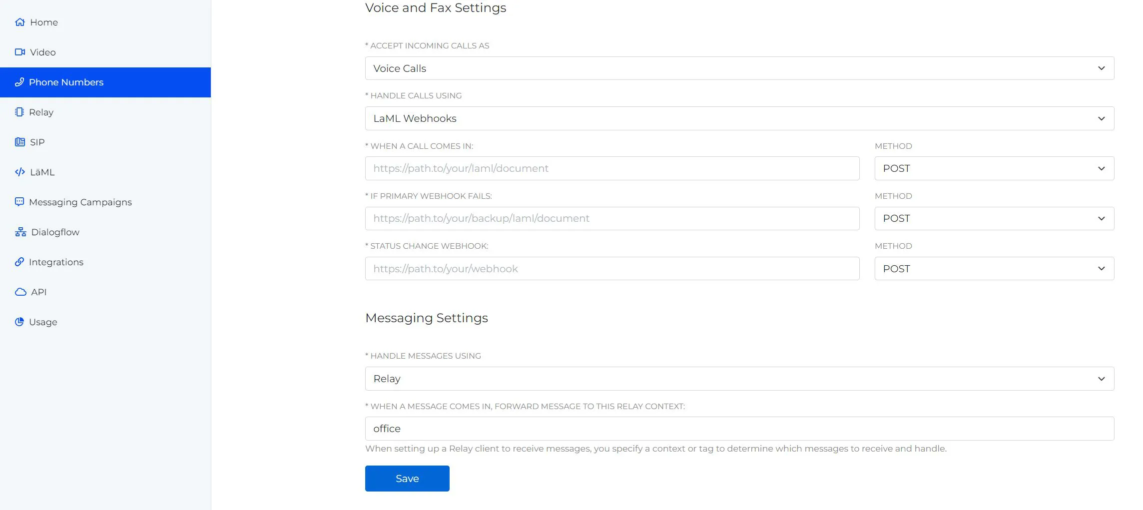 A screenshot of the Edit Settings page for the selected phone number.