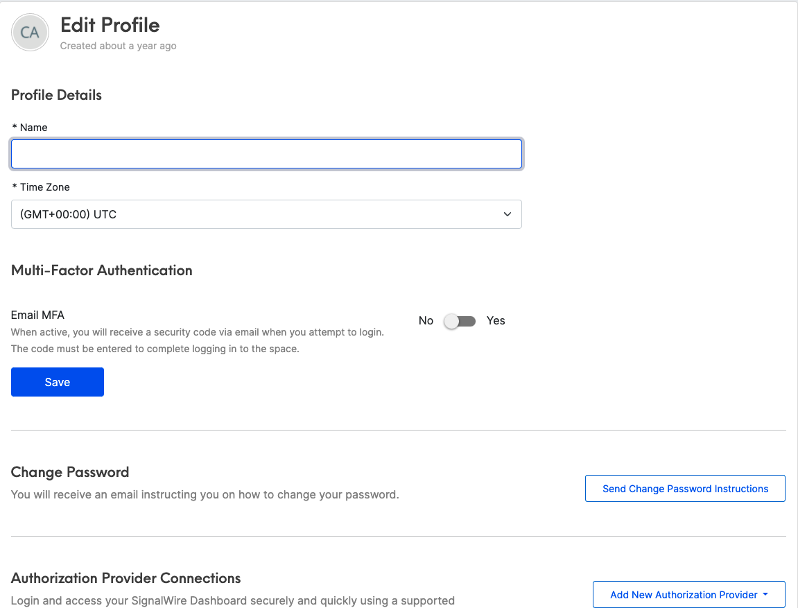 A screenshot of the Edit Profile page. A toggle labeled 'Email MFA' is listed beneath the Multi-Factor Authentication header.