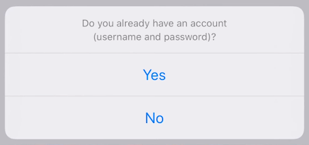 A screenshot of the app asking the user if they already have an account.