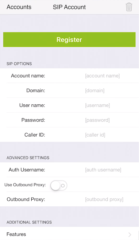 A screenshot of the SIP Account setup page. A green button is labeled 'Register'. A number of options and settings are available.