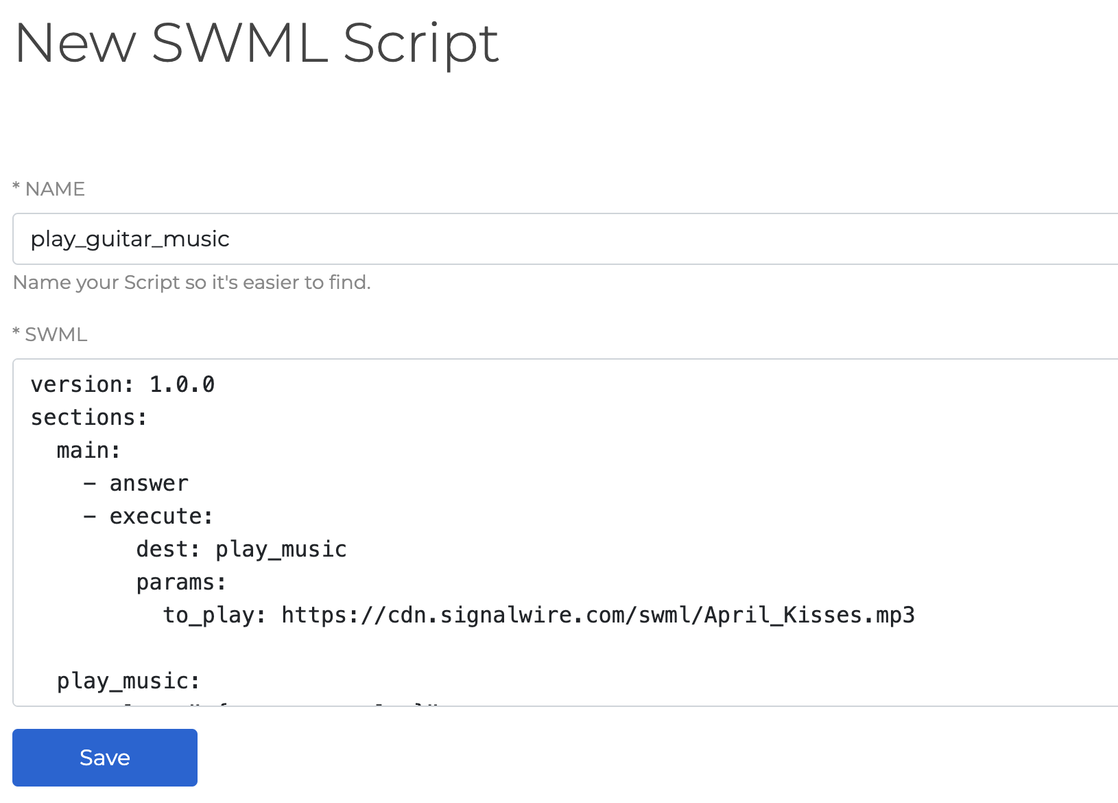 SignalWire dashboard with SWML tab open