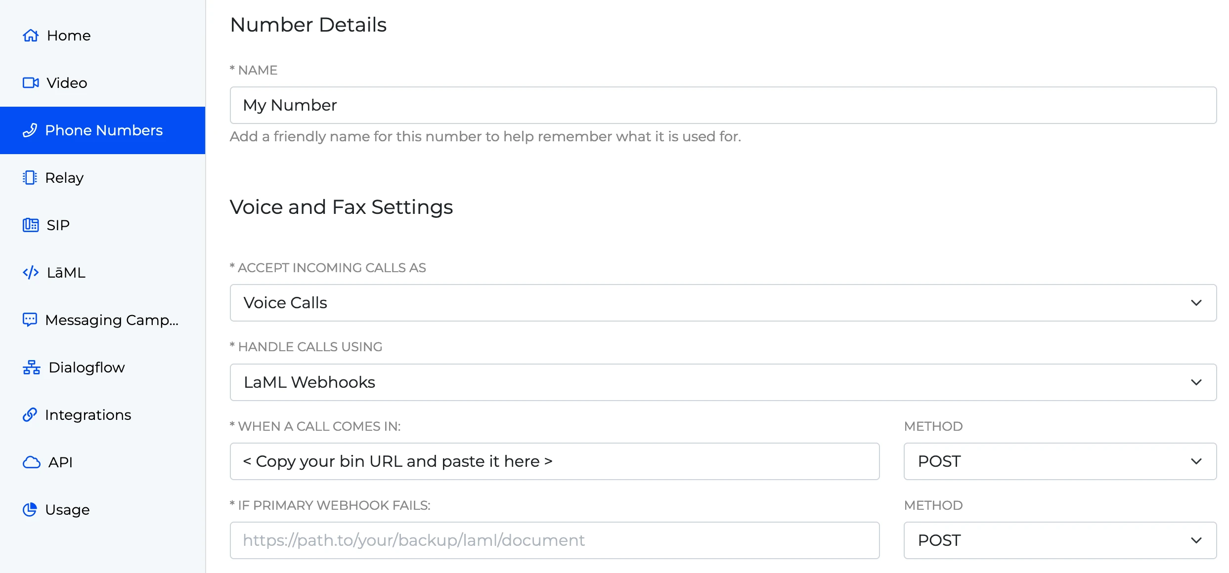 A screenshot of the Phone Numbers page in a SignalWire space. In the edit pane of a phone number, under Voice and Fax Settings, the user has elected to accept incoming calls as Voice Calls and handle calls using LaML Webhooks. In the field labeled 'When a Call Comes In', the user should paste their bin URL.