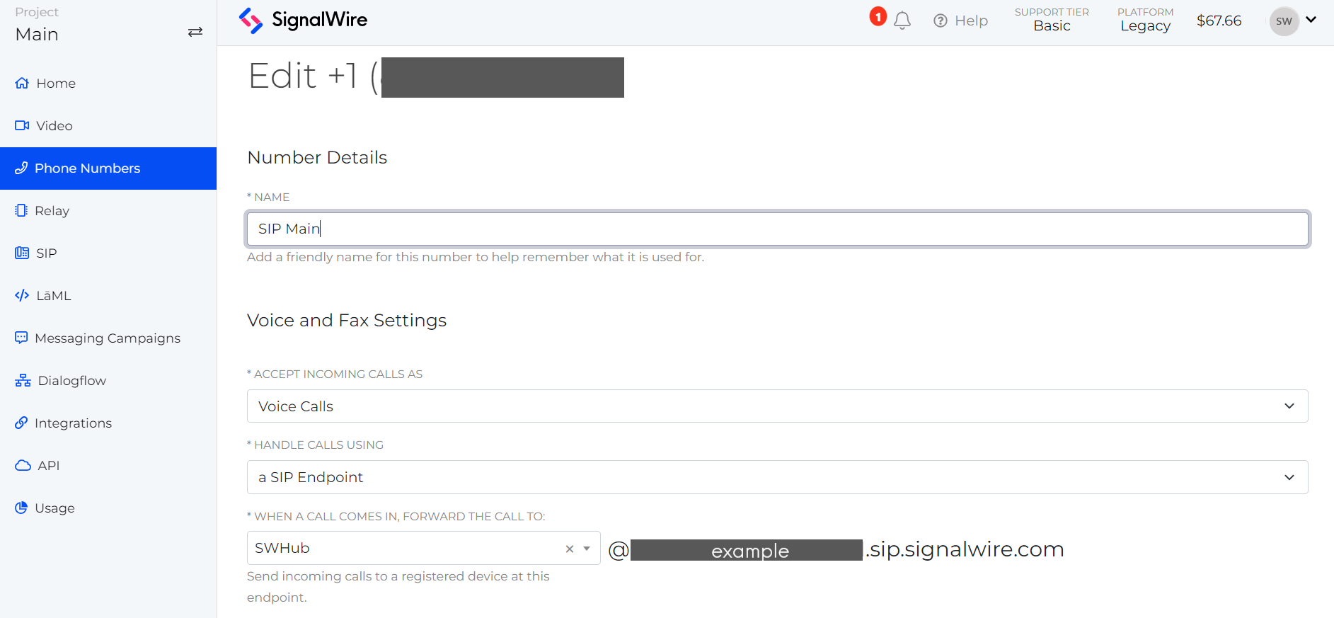 Image showing the Phone Number settings Page. The number is set up to handle incomming calls as a sip endpoint.