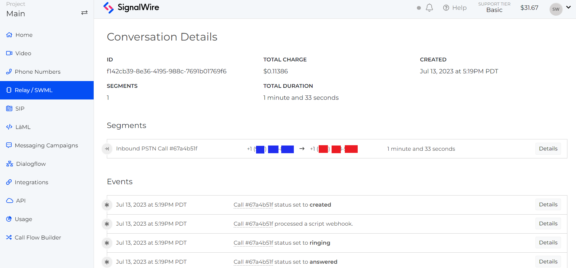 A Image showing log details for a call.