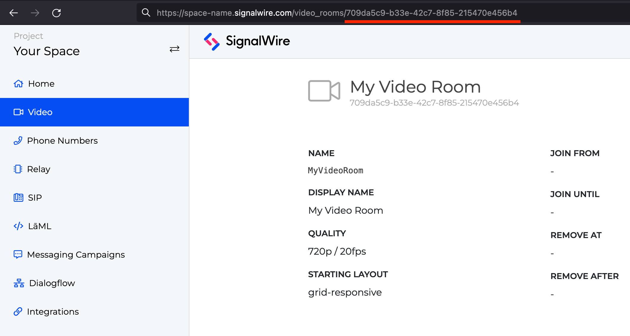 A screenshot of a SignalWire space on the Video tab. The UUID of the selected video room is underlined in red as the alphanumeric string following a slash in the URL.