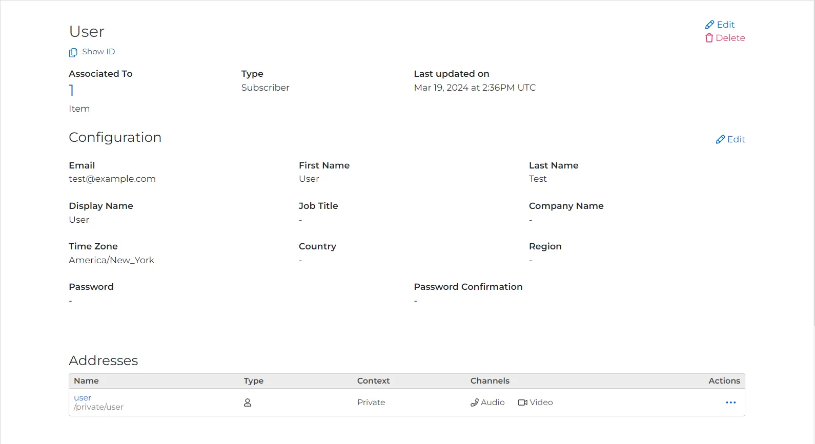 Picture showing the details of a Subscriber on the SignalWire Dashboard.