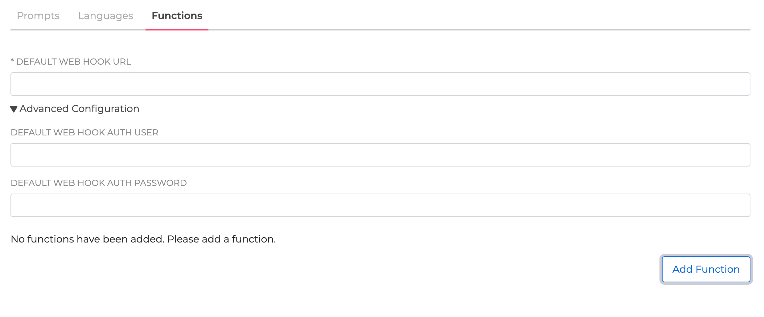 A screenshot of the Functions tab, showing text boxes labeled Default Web Hook URL, Default Web Hook Auth User, and Default Web Hook Auth Password.