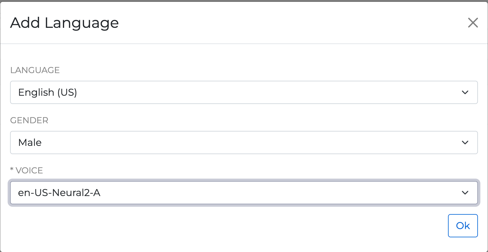 A screenshot of the Add Language panel, with drop-down selectors for Language, Gender, and Voice.