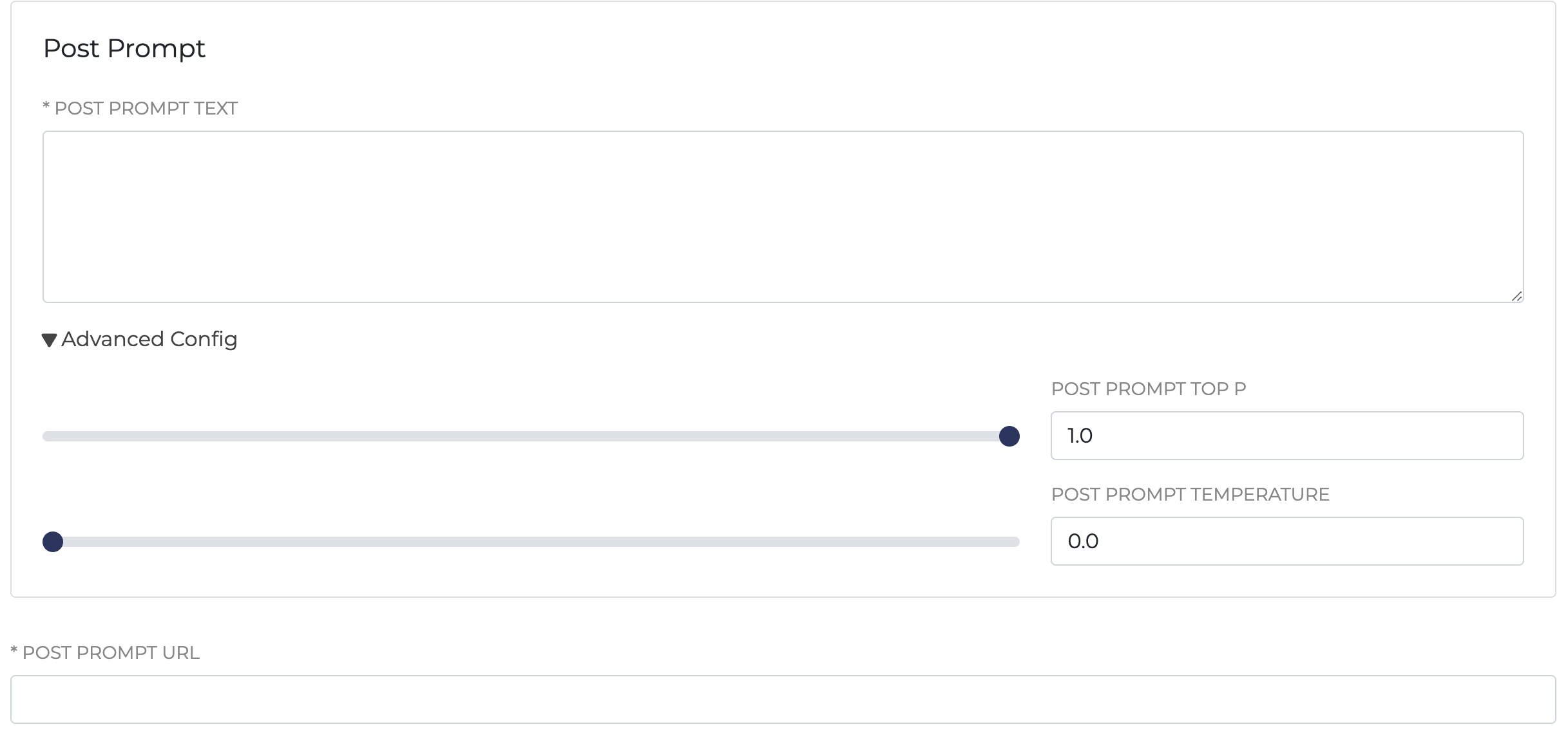 A screenshot of the Post Prompt panel, including a text box, advanced config section, and Post Prompt Url text box.