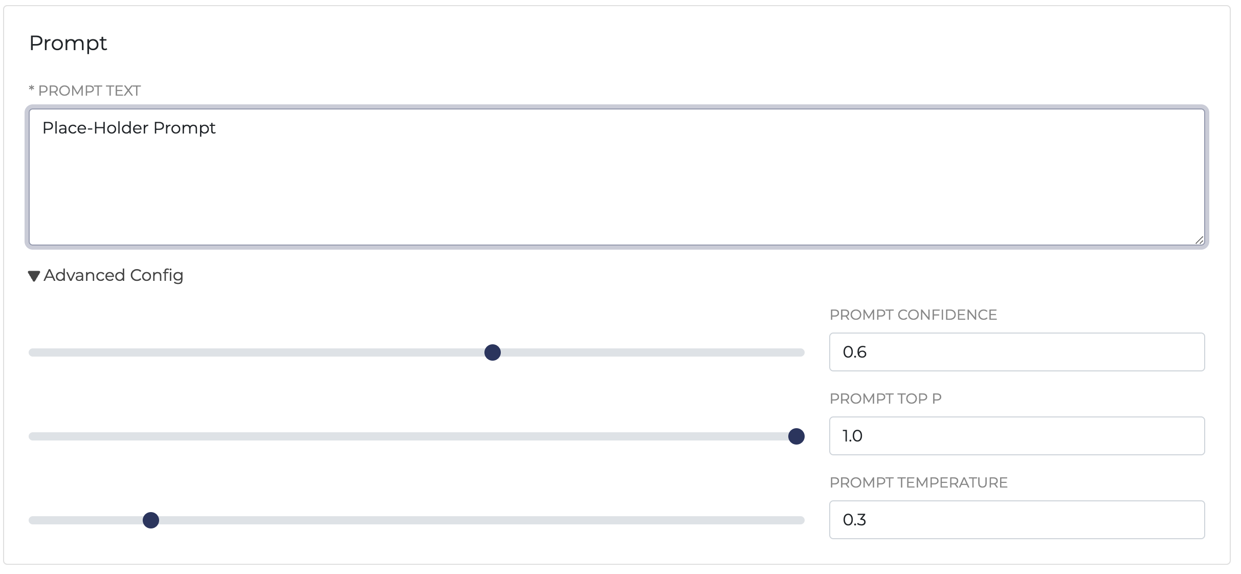 A screenshot of the advanced configurations, showing values for Prompt Confidence, Top P, and Temperature.