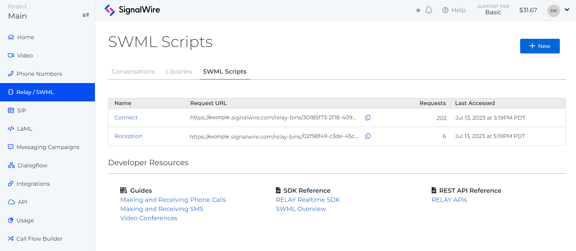 A Image of made SWML scripts and their bin URL thats associated with them, hosted within the SignalWire Dashboard.