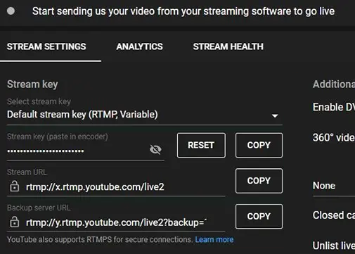 A screenshot of the YouTube stream parameters menu. The Stream Settings tab is selected, with fields for Stream Key type, Stream Key, Stream URL, and Backup server URL. Appropriate SignalWire parameters have been entered in each field.